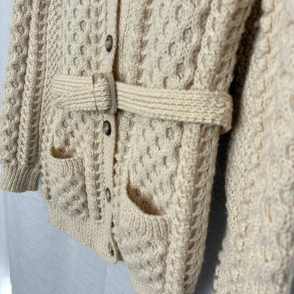 VTG Cream Cable Knit Acrylic Handmade Belted‎ Cardigan Collar Western Revival